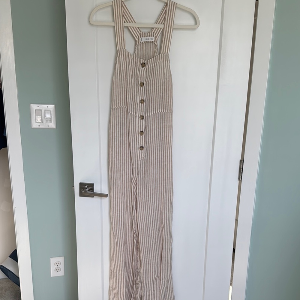 Striped Tan Jumpsuit with Button Details Linen